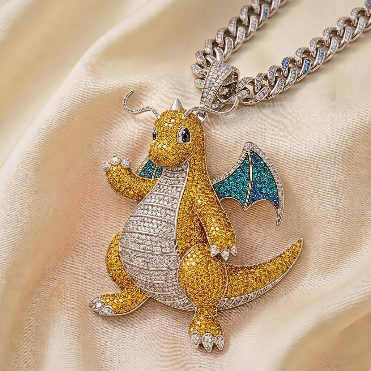 Iced Out Dragonite Pokemon Pendant | 925 Sterling Silver Anime Jewelry | Hip Hop Gamer Charm | Custom Pop Culture Bling | Gift for her/him.