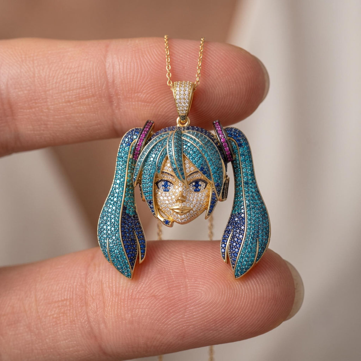Iced Out Hatsune Miku Pendant , Inspired by north west | 925 Sterling Silver Anime Jewelry | Custom Hip Hop Anime | Gold Plated gift for her