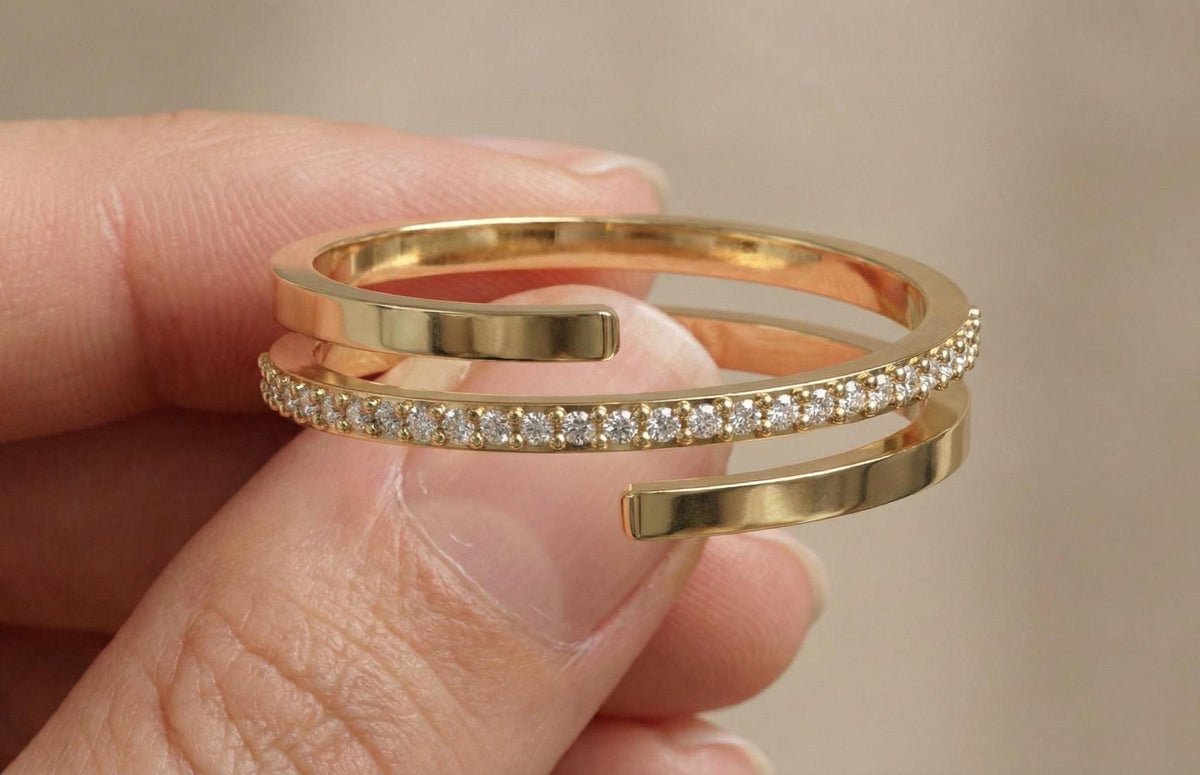 Gold Plated Sterling Silver Open Ring, Cubic Zirconia Stackable Ring