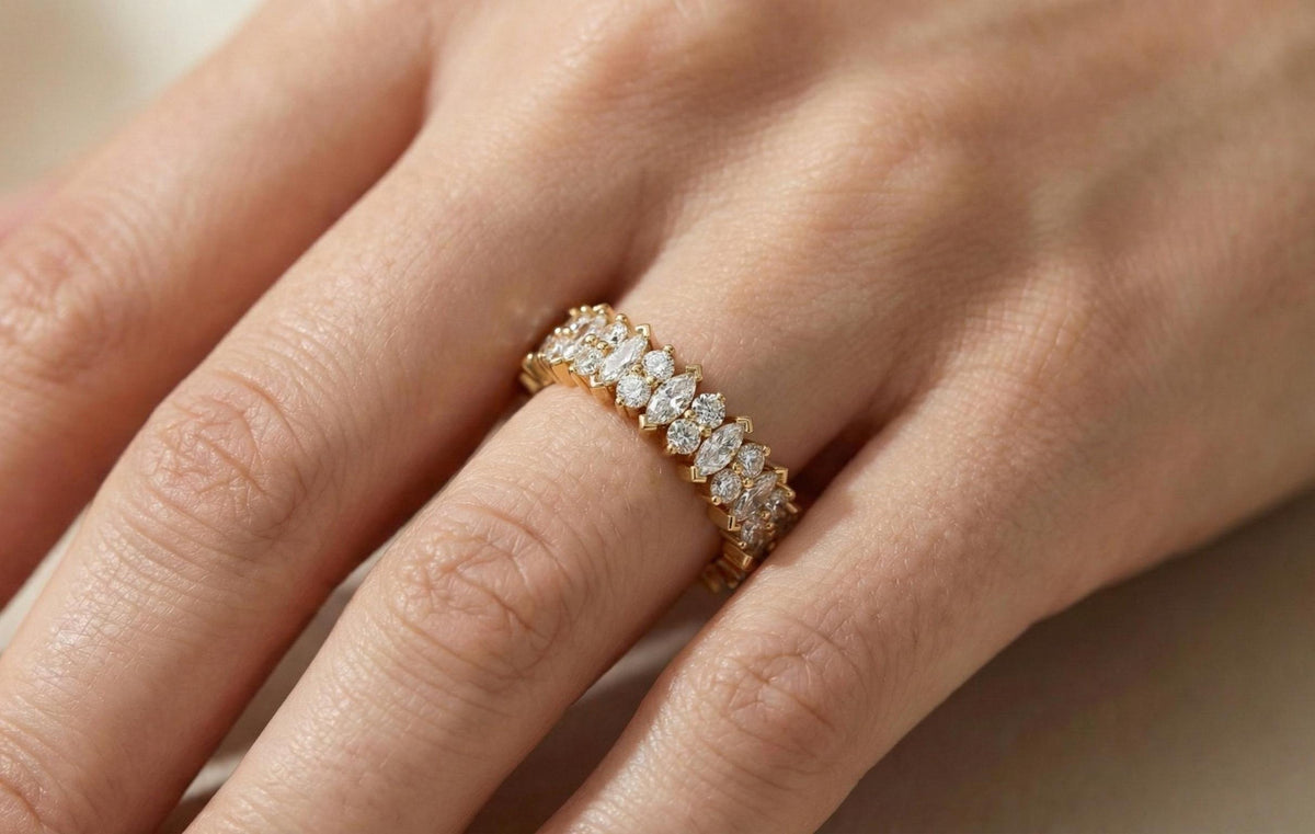 925 Sterling Silver Marquise & Round Cut Diamond Band Ring, Gold Vermeil Eternity Band, Stackable Wedding Ring, Anniversary Gift for Her,