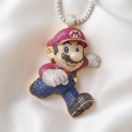 Rare Iced Out Super Mario Pendant | 925 Sterling Silver Gamer Jewelry | Hip Hop Charm | Gamers gift | Gift for her/him