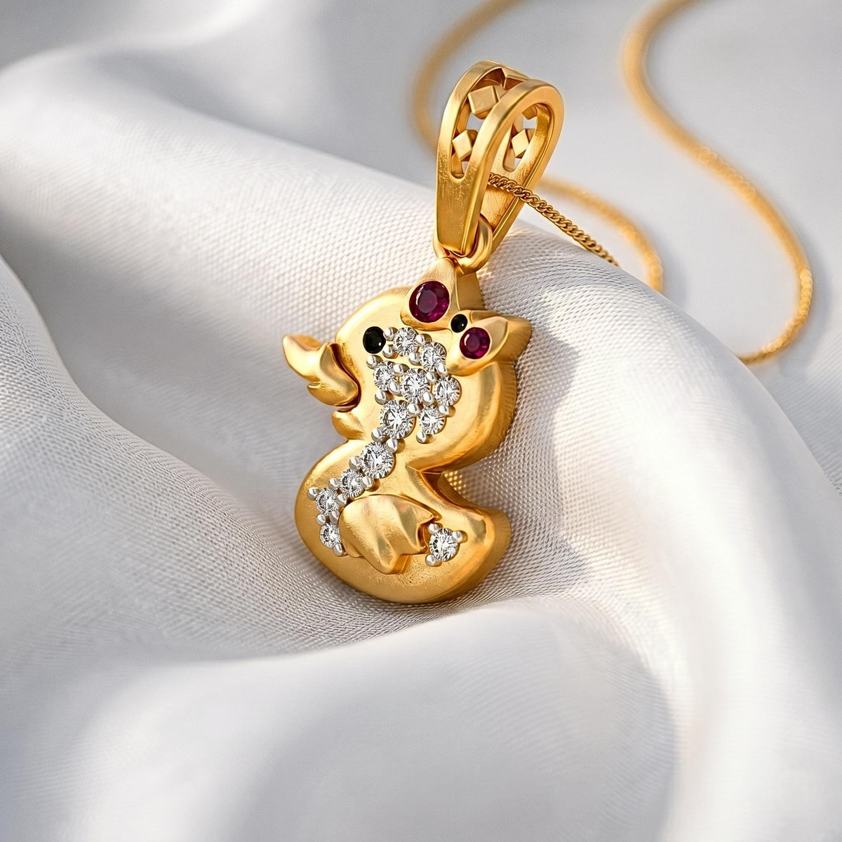 925 Sterling Silver Duckling Pendant with Red Bow, Sparkling Stones | Whimsical Children's Jewelry
