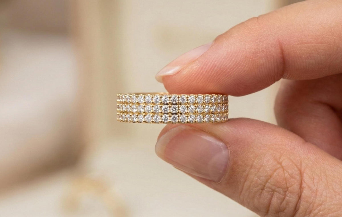 925 Sterling Silver Pave Diamond Band Ring, Gold Plated Wedding Band, Micro Pave CZ Eternity Ring, Anniversary Promise Ring, Gift For Her