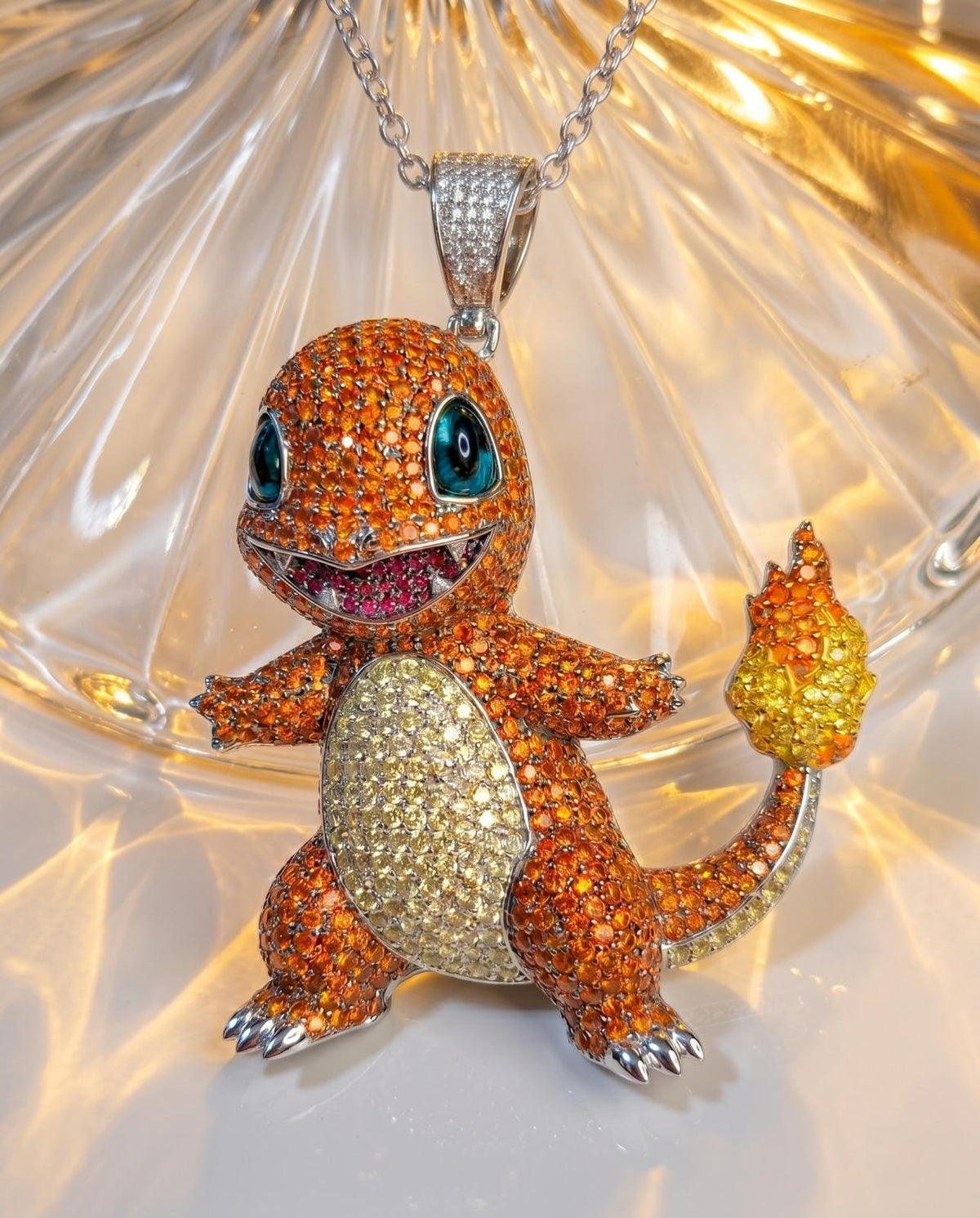 Rare Iced Out Charmander Pokémon Pendant, 925 Sterling Silver Anime Necklace Gamer Gift For her/him