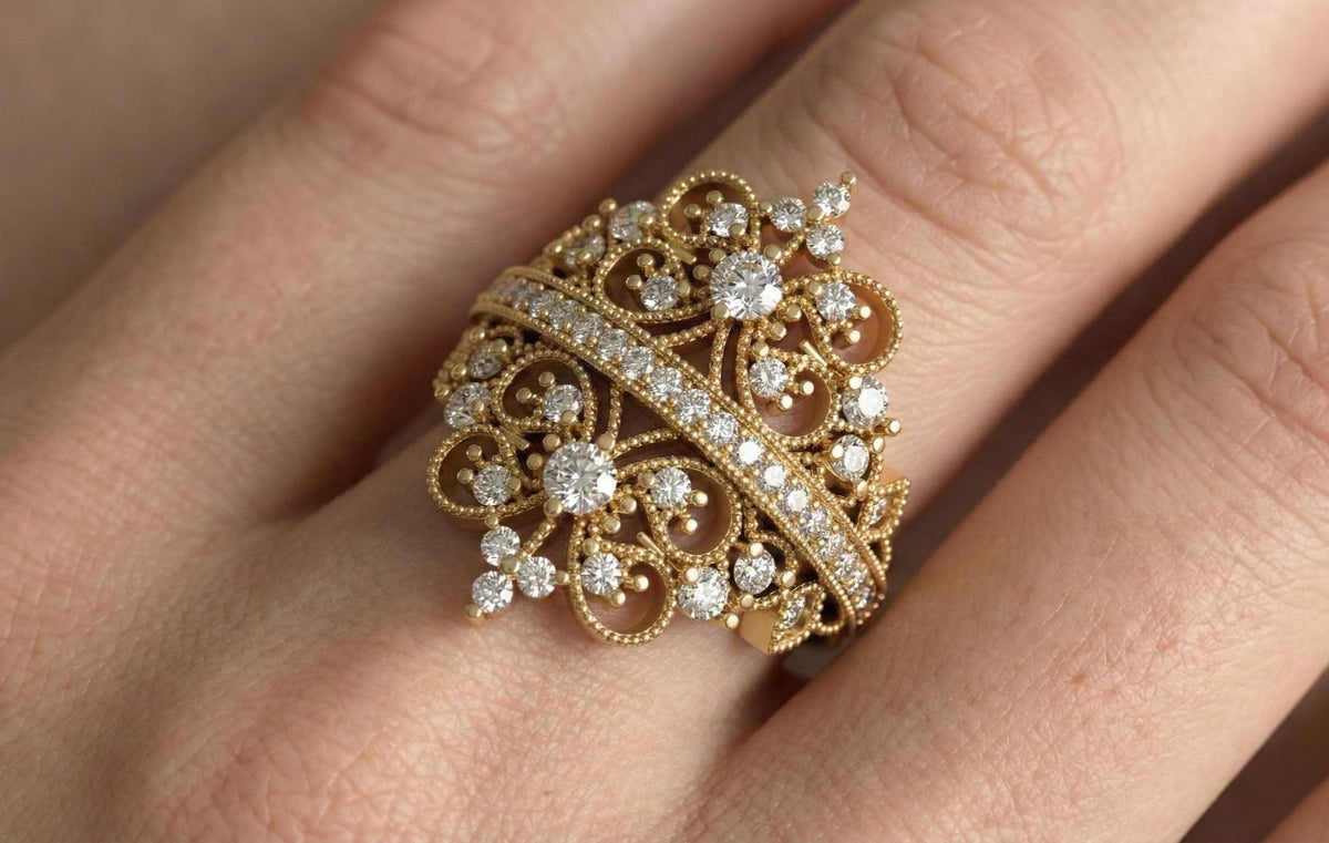Gold Butterfly Filigree Ring | Vintage Style Wide Band | Diamond Statement Ring | Victorian Revival Cocktail Ring | Floral Lace Wedding Ring