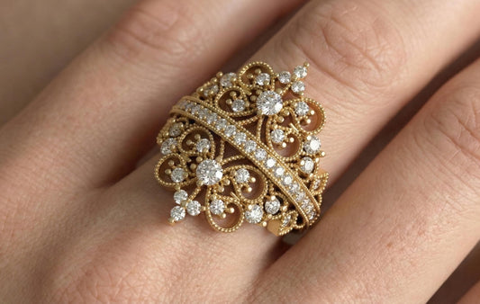 Gold Butterfly Filigree Ring | Vintage Style Wide Band | Diamond Statement Ring | Victorian Revival Cocktail Ring | Floral Lace Wedding Ring