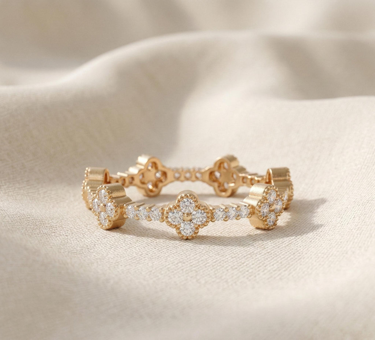 925 Sterling Silver Four Leaf Clover Diamond Ring, Gold Vermeil Floral Cluster Ring, Dainty Diamond Clover Band, Gift For Her,