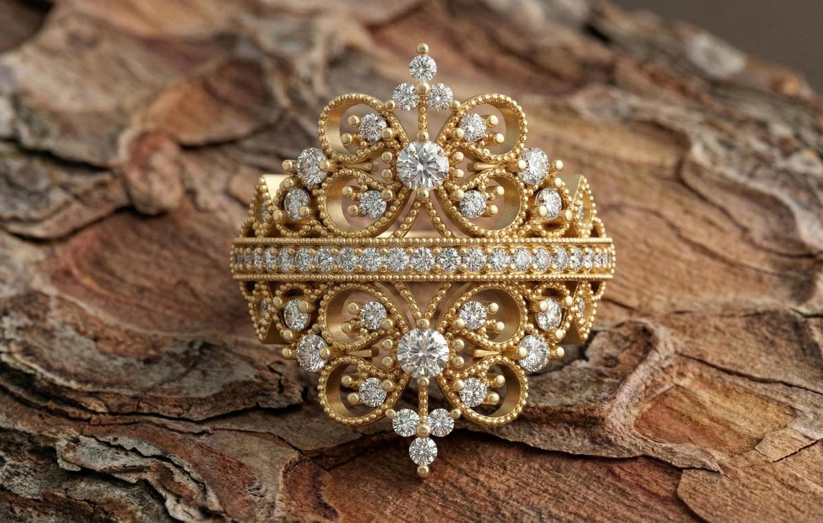 Gold Butterfly Filigree Ring | Vintage Style Wide Band | Diamond Statement Ring | Victorian Revival Cocktail Ring | Floral Lace Wedding Ring