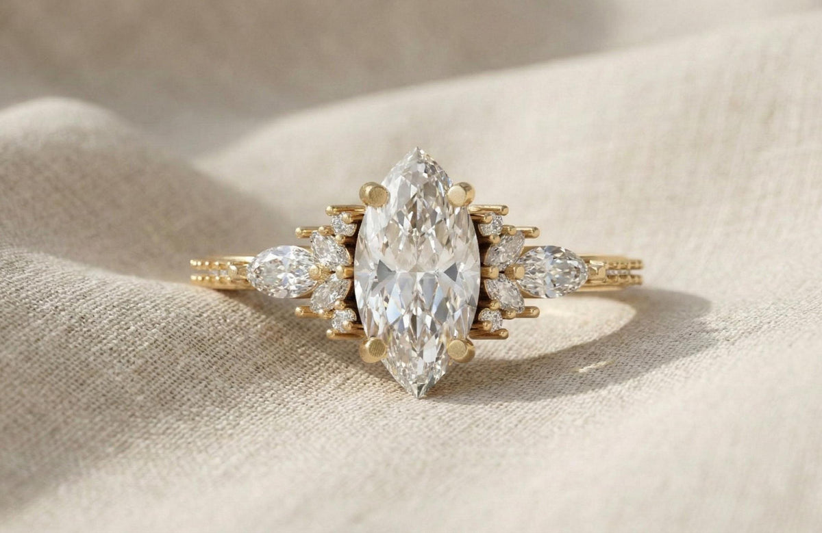 Marquise Moissanite Engagement Ring, Vintage Leaf Design, 925 Sterling Silver