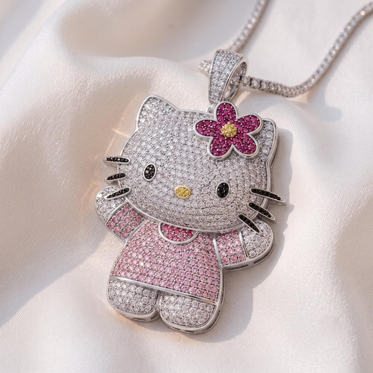 Rare 925 Sterling Silver Iced Out Kitty Pendant | Micro Pave White Zircon Kawaii Character Charm | Cute Animal Necklace Gift for her.