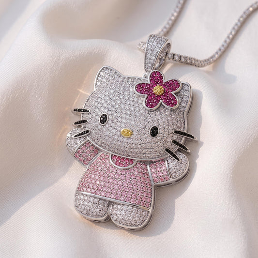Rare 925 Sterling Silver Iced Out Kitty Pendant | Micro Pave White Zircon Kawaii Character Charm | Cute Animal Necklace Gift for her.