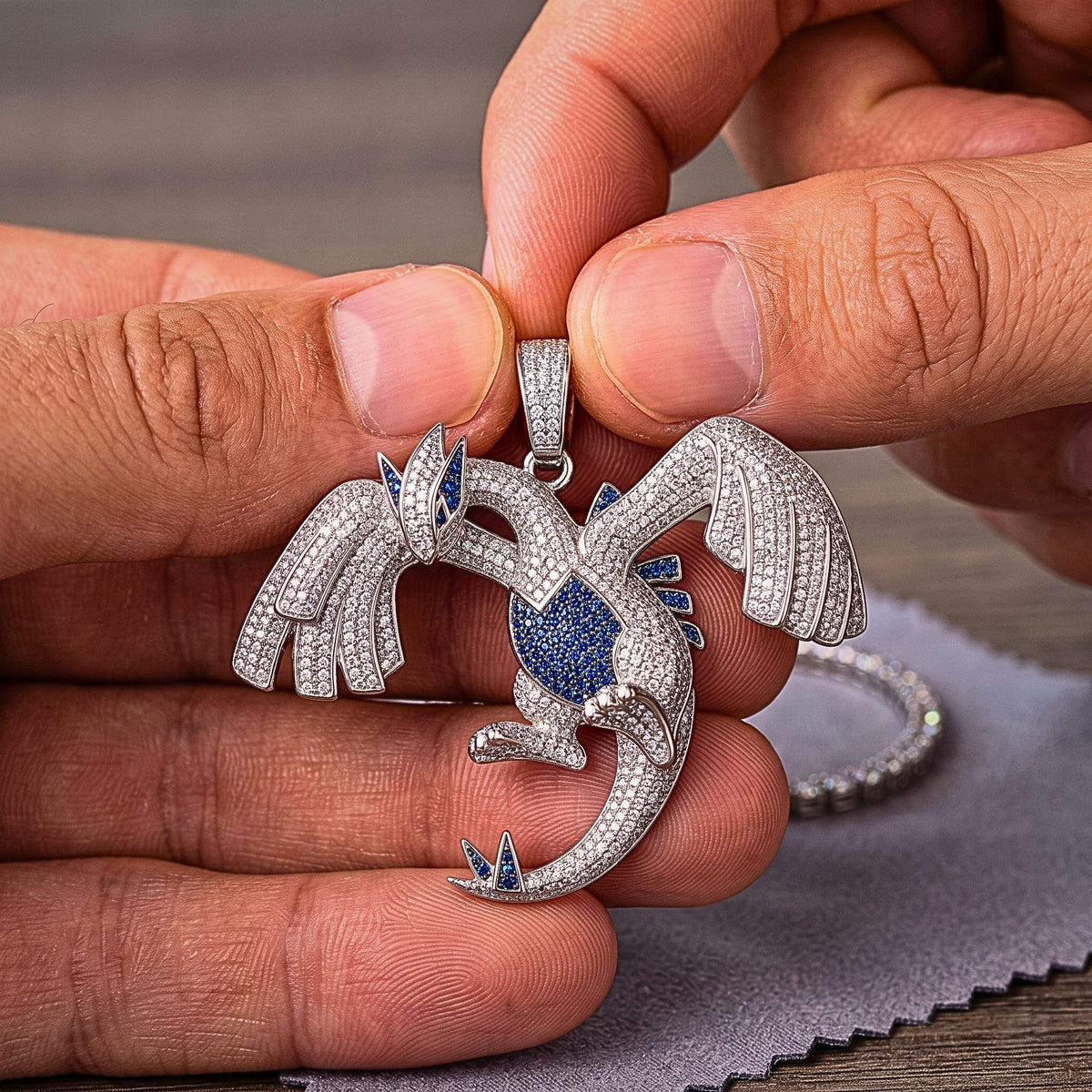 TRare Iced Out Lugia Pokemon Pendant | 925 Sterling Silver Anime Jewelry | Legendary Gamer Charm | Custom Pop Culture Bling Gift for her/him