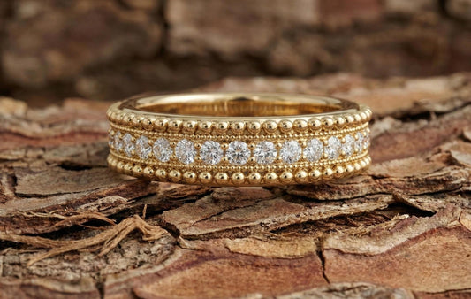 925 Sterling Silver Beaded Eternity Band Ring, Gold Plated Diamond CZ Stackable Ring, Milgrain Wedding Band, Minimalist Promise Ring