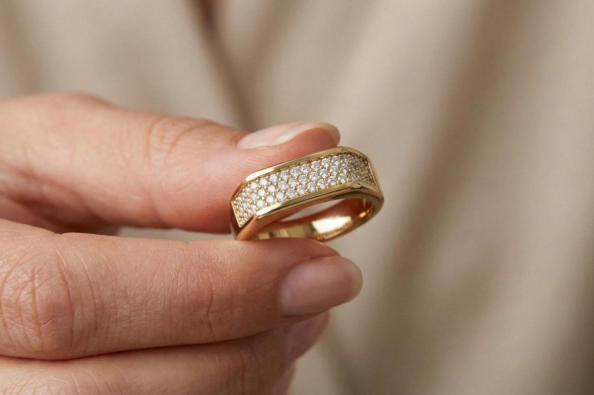 Gold Wedding Band 925 Sterling Silver, Diamond Pave Ring, Men's Wedding Ring, Minimalist Anniversary Band, Statement Ring Gift for Him Her