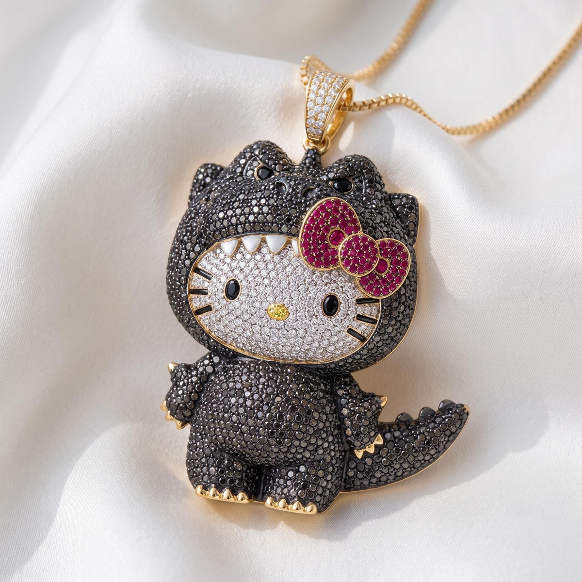 Rare Iced Out Kitty x Godzilla Pendant | 925 Sterling Silver, Yellow & Rose Gold Plated | Custom Monster Cat Charm Gift For her/him