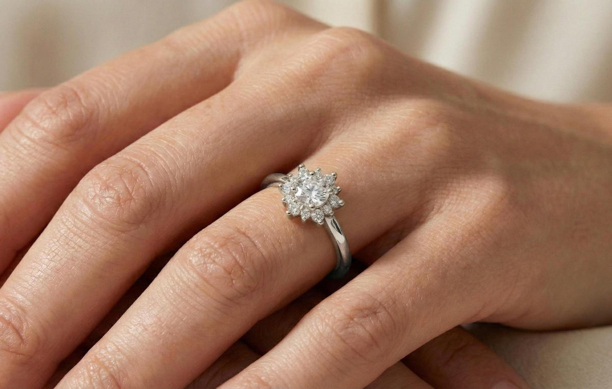 925 Sterling Silver Halo Engagement Ring, Gold Plated Floral Diamond Ring, Round Cut Promise Ring, Dainty Bridal Ring,  Gift for Women