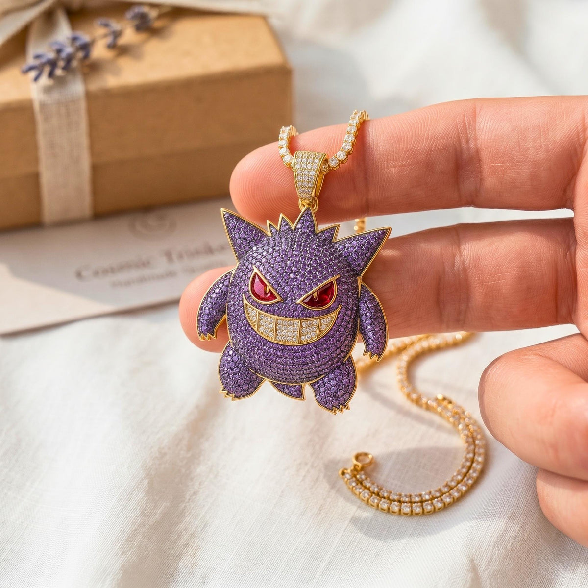 Rare Iced Out Gengar Pendant | 925 Sterling Silver Anime Necklace Hip Hop Gamer Jewelry Gold  Ghost Charm Custom Nostalgic Gift for him/her.