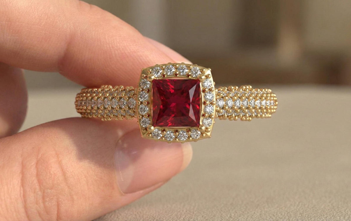 925 Sterling Silver Red Ruby Engagement Ring, Princess Cut Halo Diamond Ring, Gold Plated Statement Ring for Women, Gift for Her