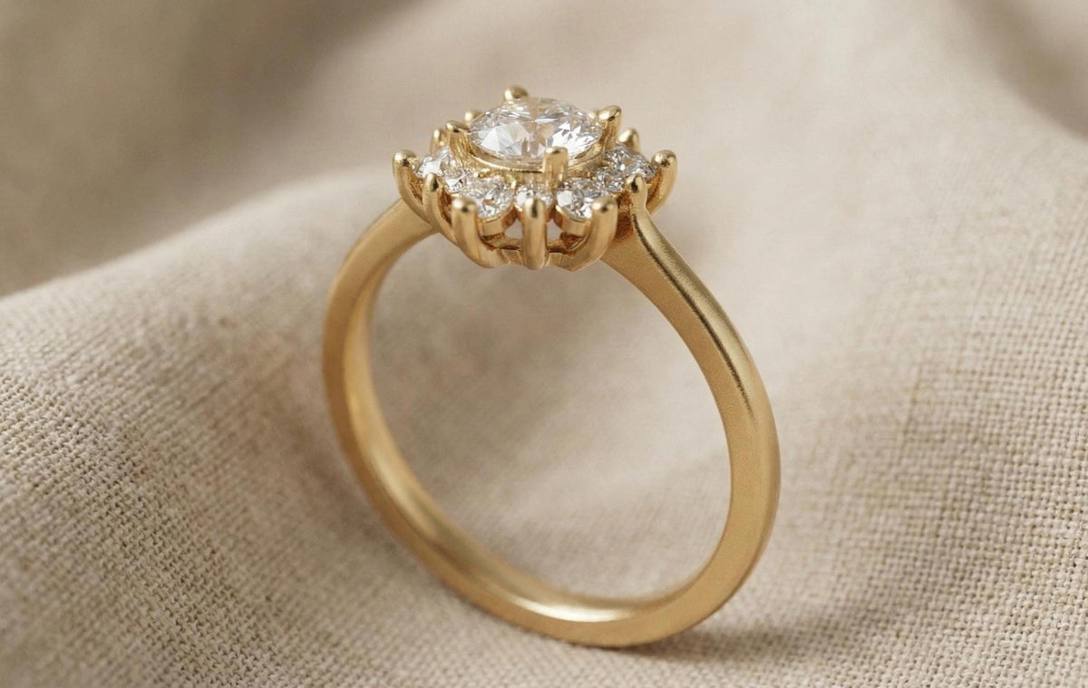925 Sterling Silver Halo Engagement Ring, Gold Plated Floral Diamond Ring, Round Cut Promise Ring, Dainty Bridal Ring,  Gift for Women