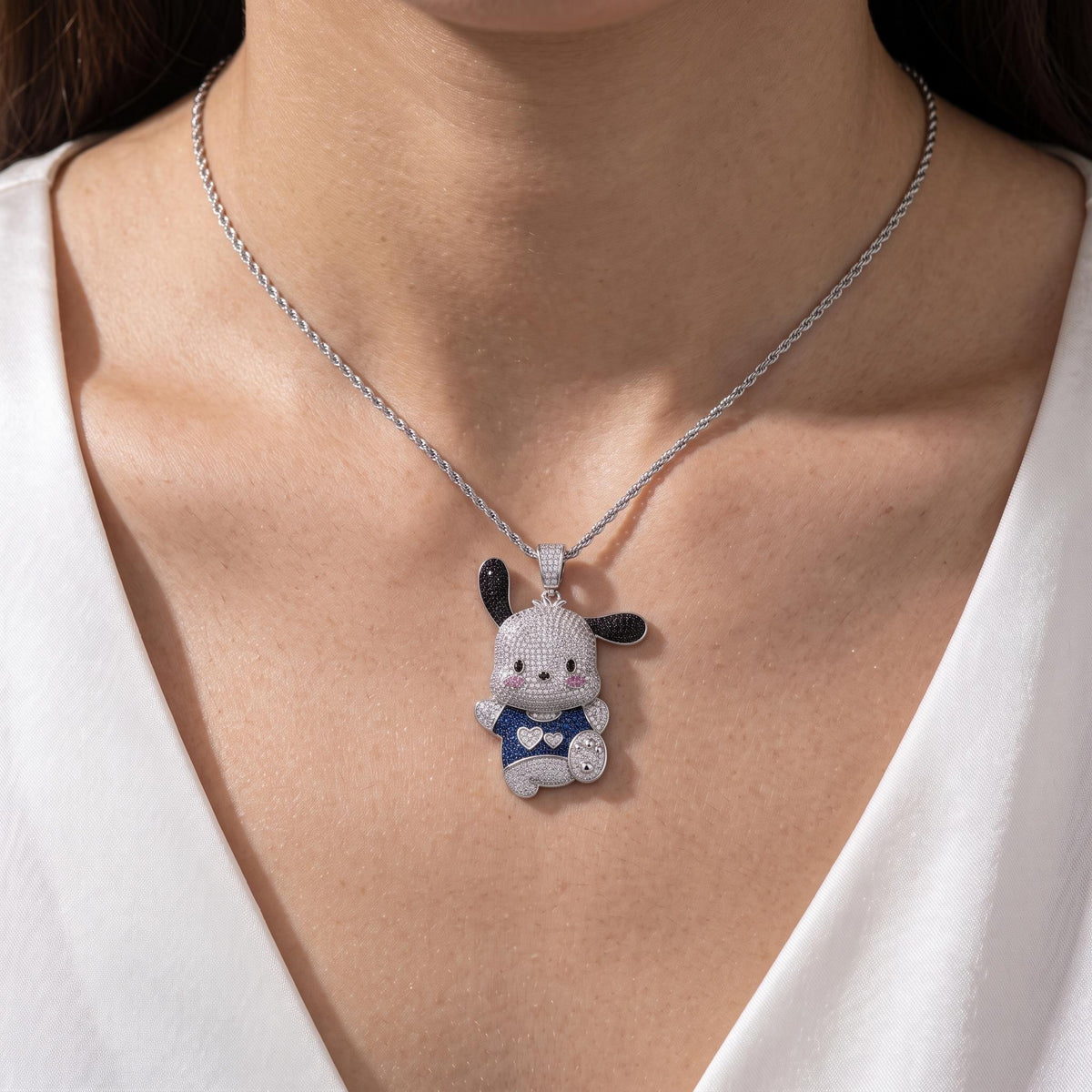 Rare Pochacco Pendant Necklace | 925 Sterling Silver Micro-Pave Character Jewelry | Cute Cartoon Dog Charm | Kawaii Anime Gift for her/him.