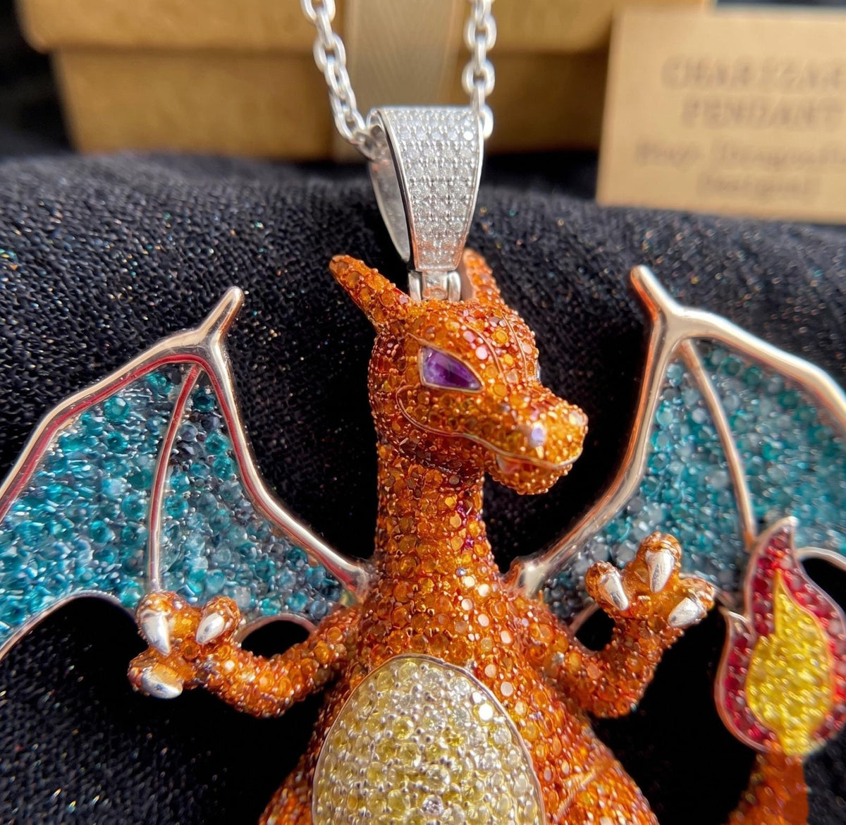 Rare Iced Out Charizard Pokémon Pendant | 925 Sterling Silver & Gold plated Anime Gift Gamers Gift for her/him/her