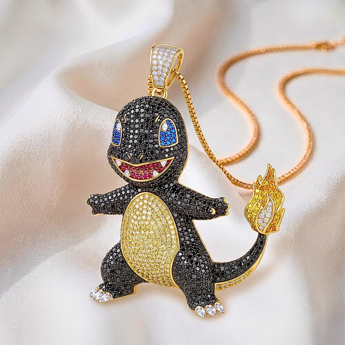 Rare Iced Out Shiny Charmander Pendant | 925 Sterling Silver Anime Jewelry | Custom Hip Hop Gamer Charm | Pop Culture Bling Gift for her/him