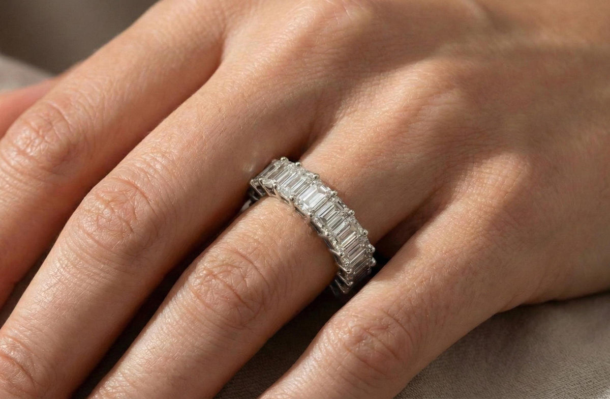 Sterling Silver Emerald Cut Moissanite Eternity Ring, Handmade Wedding Band