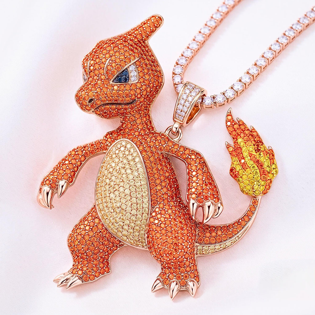 Rare Iced Out Charmeleon Pokémon Pendant 925 Sterling Silver Anime Jewelry Gamer Gift Hip Hop Fire Monster Charm Nostalgia Gift for him/her