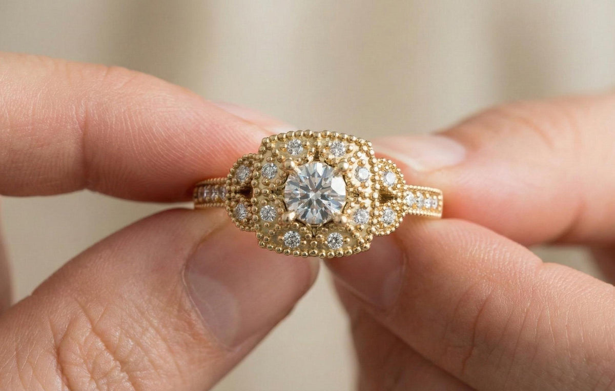 925 Sterling Silver Vintage Halo Engagement Ring for Women, Gold Plated Art Deco Diamond Ring, Promise Ring, Bridal Wedding Jewelry Gift