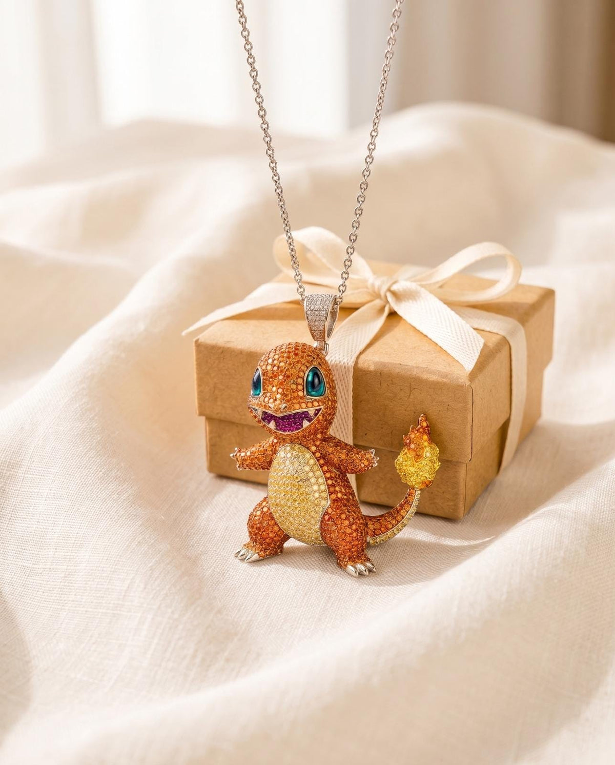 Rare Iced Out Charmander Pokémon Pendant, 925 Sterling Silver Anime Necklace Gamer Gift For her/him