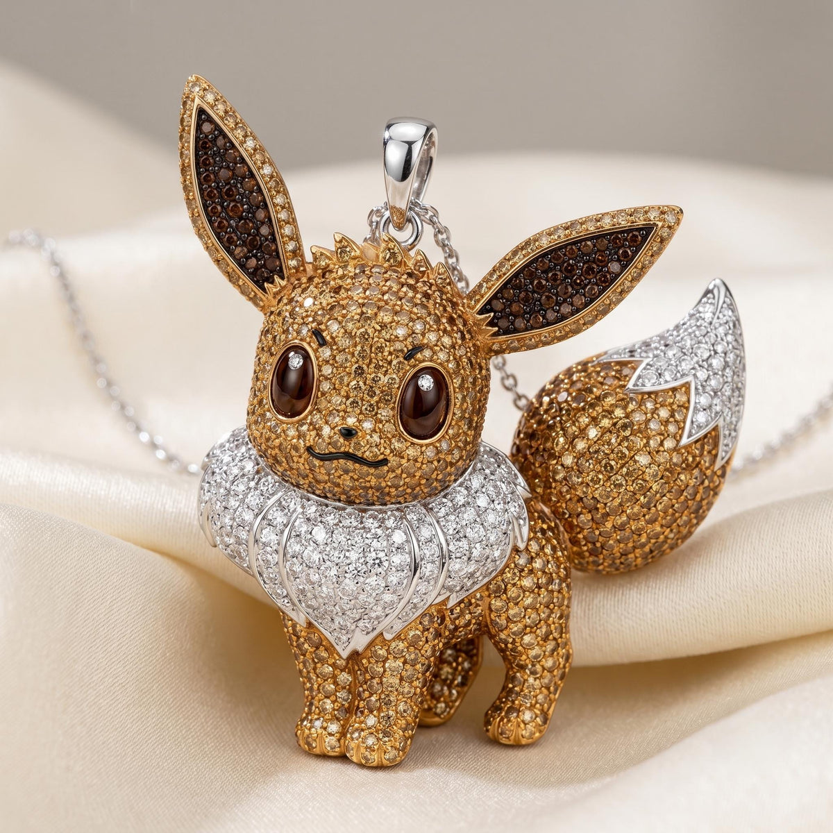 Rare Eevee Pendant 925 Sterling Silver Iced Out Pokemon Jewelry Micro Pave Anime Charm Geeky Gamer Gift Kawaii Pocket Monster Gift for her.