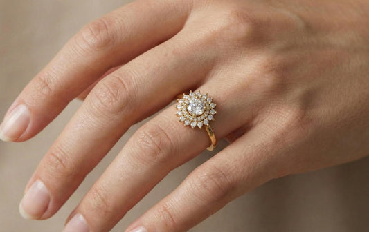 Gold Plated Sterling Silver Halo Engagement Ring, Vintage Bridal Jewelry