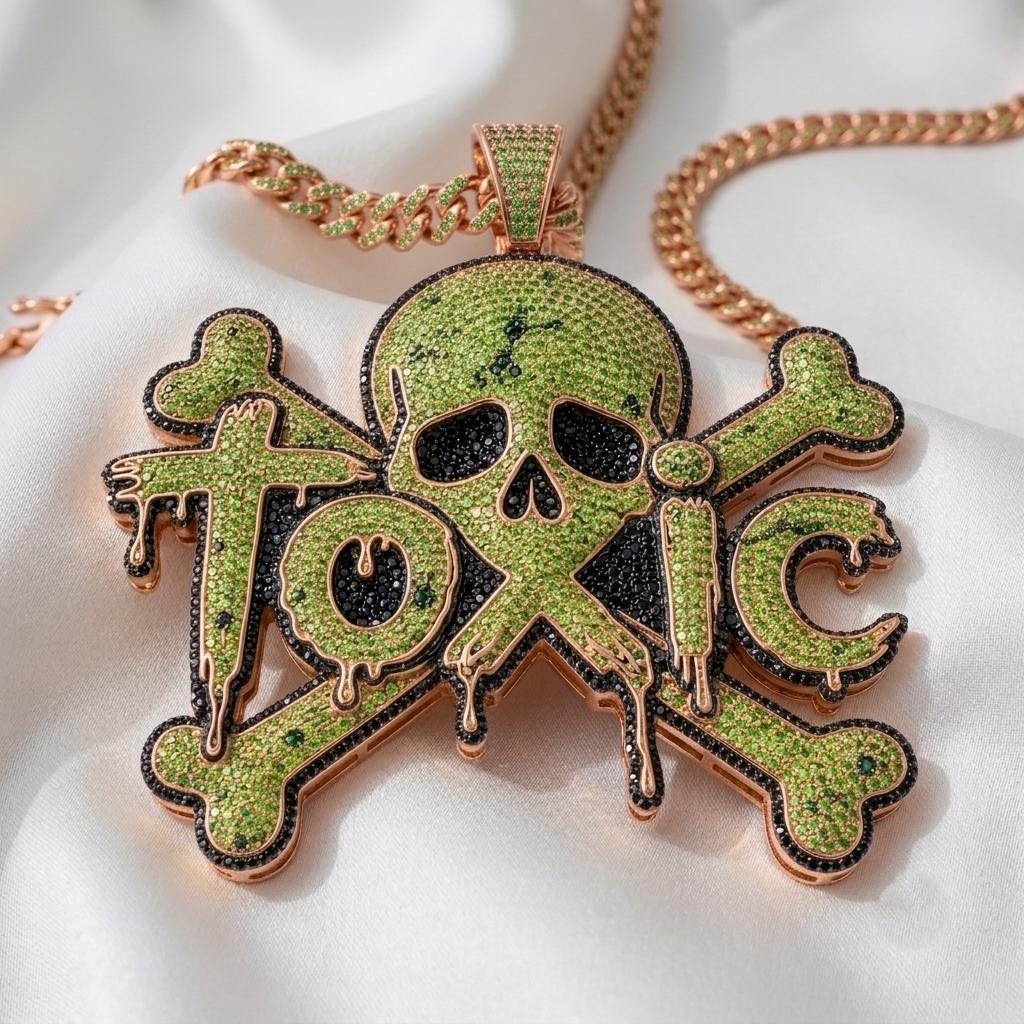 Rare Iced Out Toxic Skull Pendant | 925 Sterling Silver Dripping Letter Halloween Jewelry | Cool Hip Hop Statement Gift for her/him