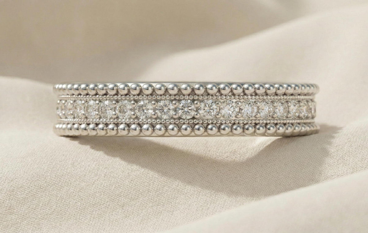925 Sterling Silver Beaded Eternity Band Ring, Gold Plated Diamond CZ Stackable Ring, Milgrain Wedding Band, Minimalist Promise Ring