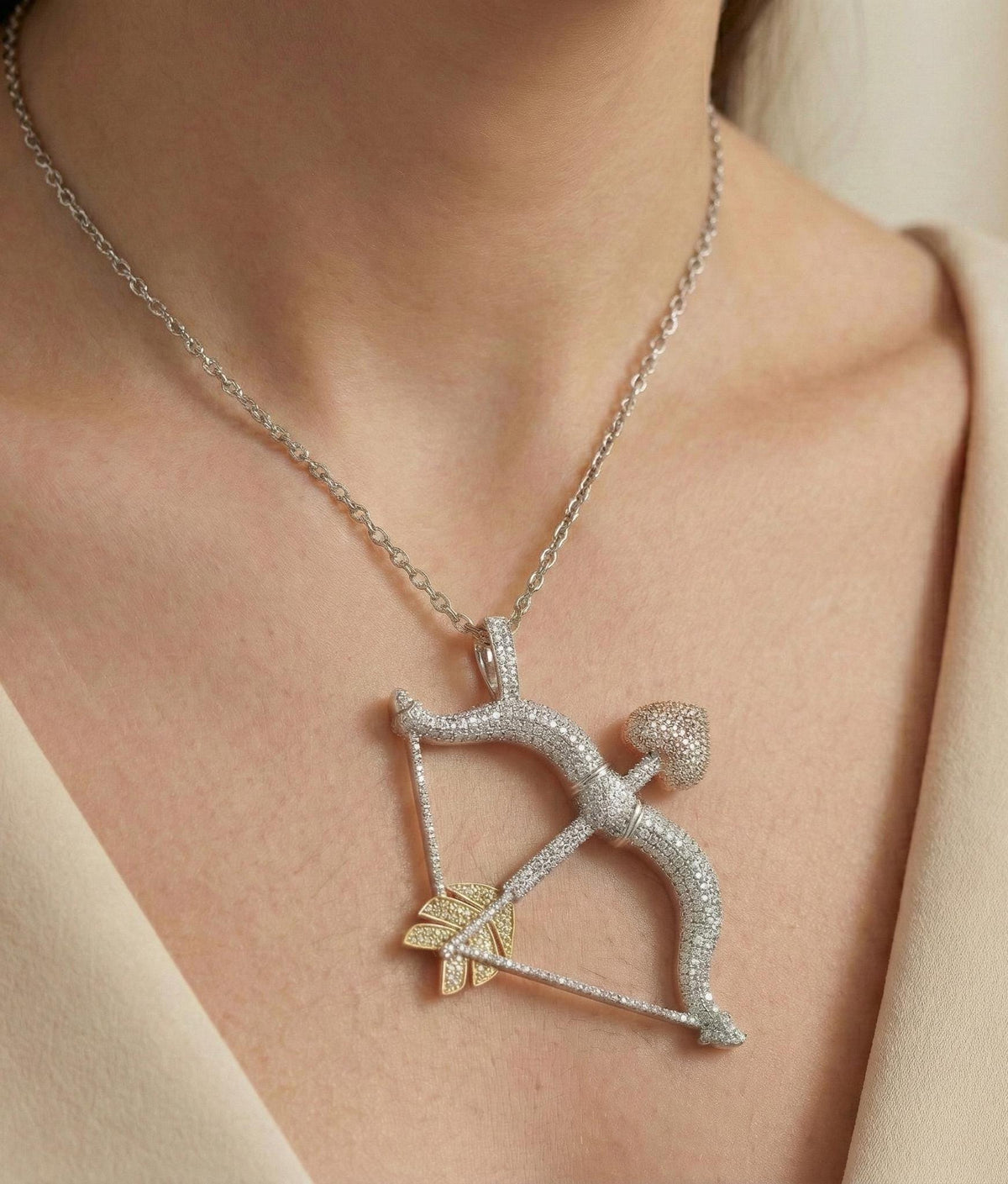 Diamond Bow and Arrow Pendant | Sterling Silver Sagittarius Necklace | Cupid Love Charm | Pave Archery Jewelry | Valentine's Gift for Her