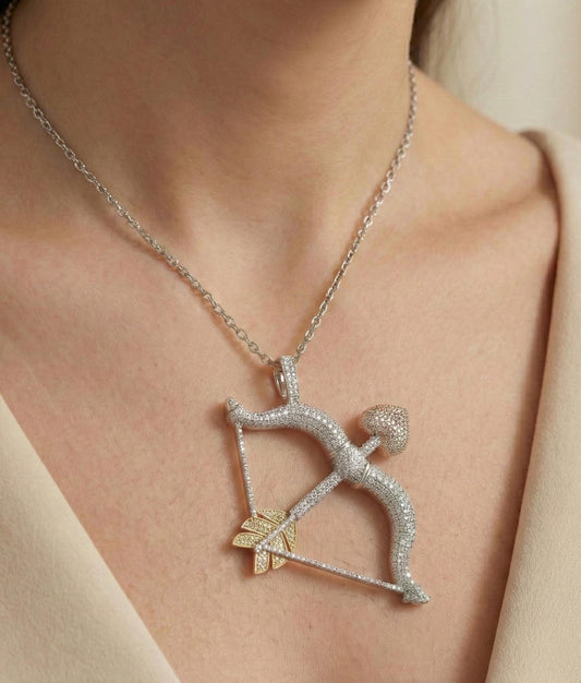 Diamond Bow and Arrow Pendant | Sterling Silver Sagittarius Necklace | Cupid Love Charm | Pave Archery Jewelry | Valentine's Gift for Her