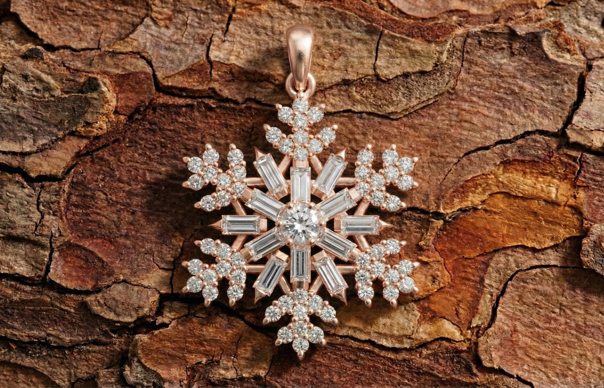 Gold Vermeil Snowflake Pendant with Baguette & Round CZ Stones – Icy Winter Jewelry