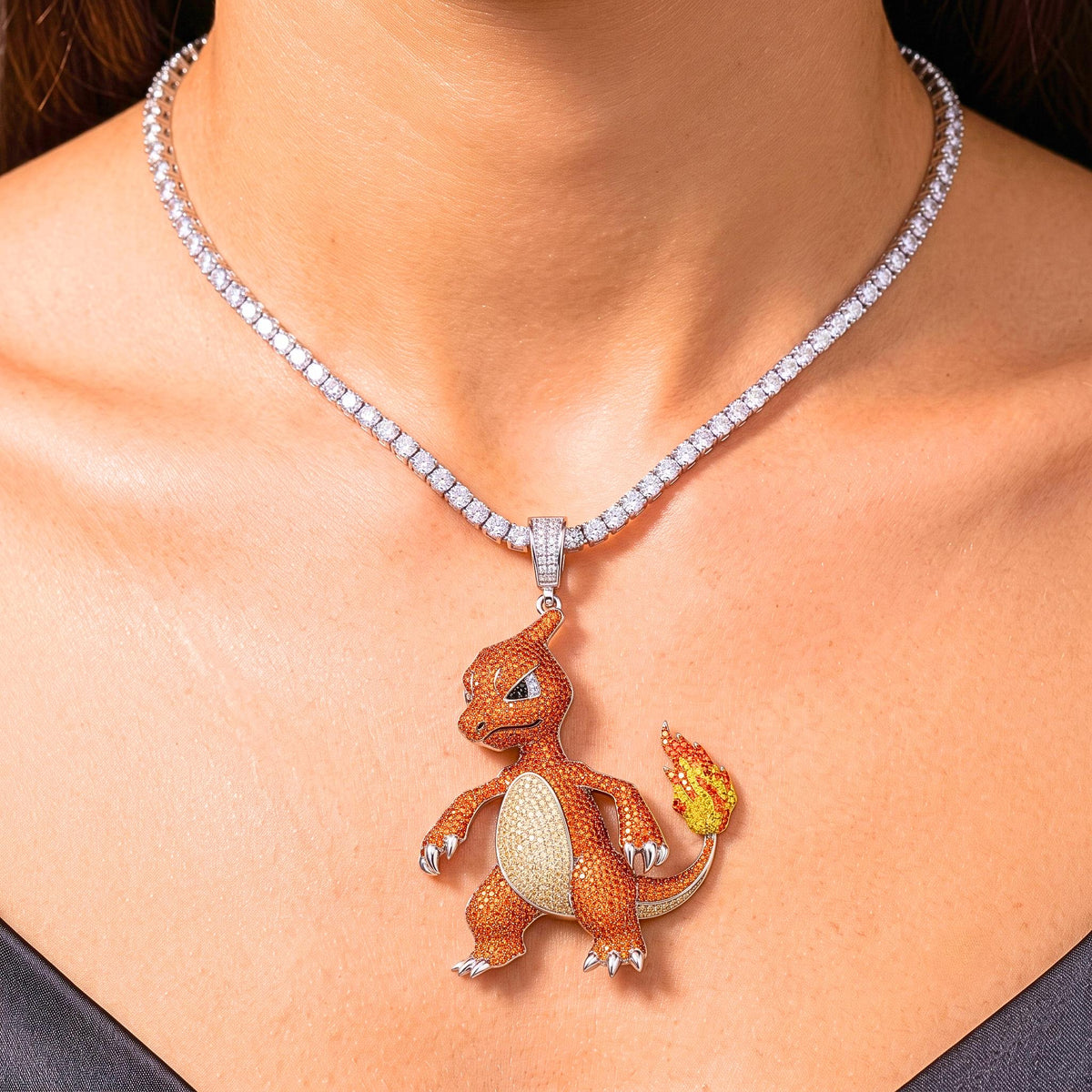 Rare Iced Out Charmeleon Pokémon Pendant 925 Sterling Silver Anime Jewelry Gamer Gift Hip Hop Fire Monster Charm Nostalgia Gift for him/her
