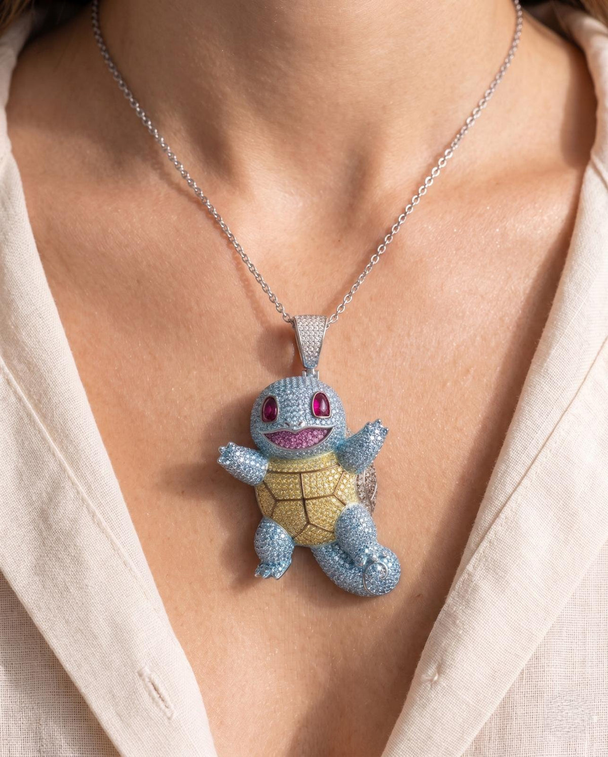 Rare Iced Out Squirtle Pendant | Solid 925 Sterling Silver & Gold Plated  Gamer Gift Anime jewelry Gift for her/him
