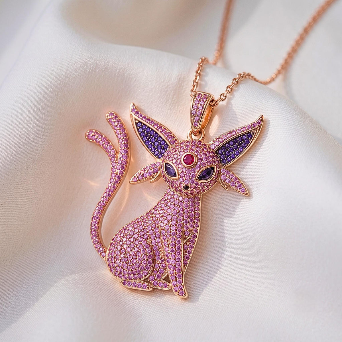 Rare Iced Out Espeon Pokémon Pendant 925 Sterling Silver • Custom Anime Psychic Cat Jewelry • Hip Hop Charm Geek Nostalgia Gift for her/him