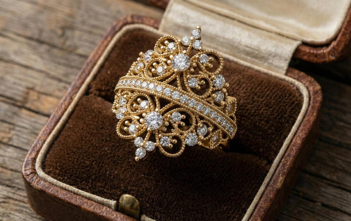 Gold Butterfly Filigree Ring | Vintage Style Wide Band | Diamond Statement Ring | Victorian Revival Cocktail Ring | Floral Lace Wedding Ring