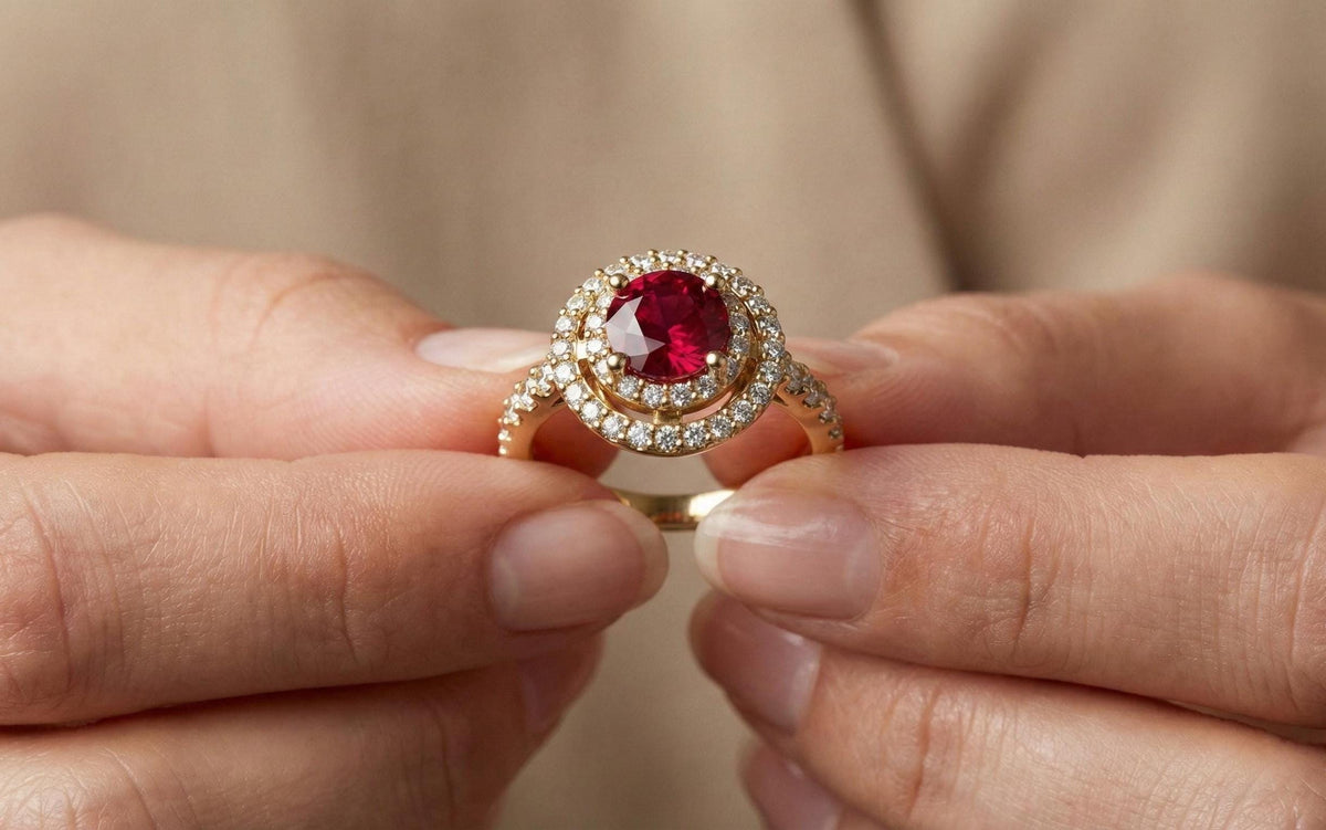 Ruby Halo Engagement Ring for Women, 925 Sterling Silver Gold Plated Ring, Diamond Accent Bridal Ring, July Birthstone Gift,
