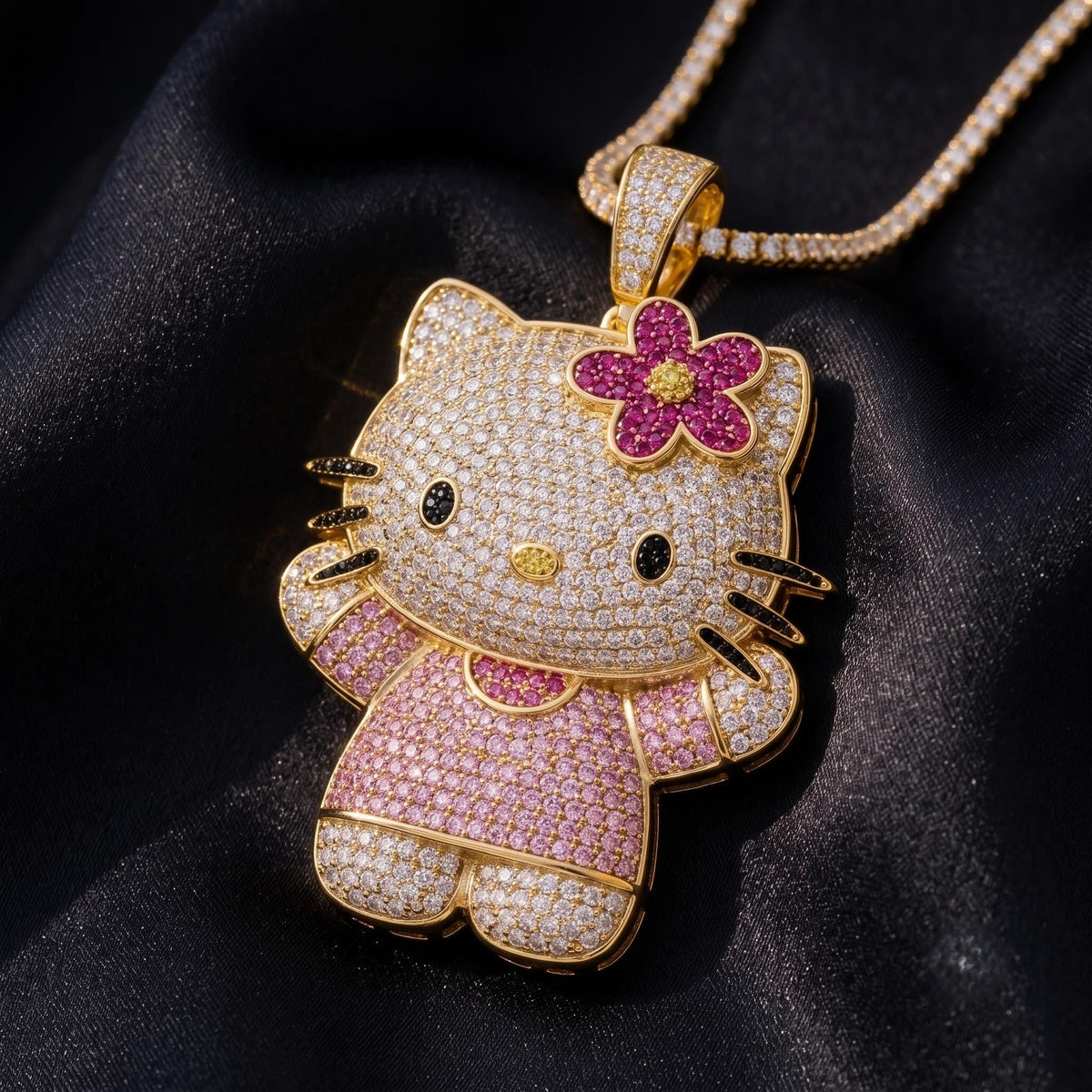 Rare 925 Sterling Silver Iced Out Kitty Pendant | Micro Pave White Zircon Kawaii Character Charm | Cute Animal Necklace Gift for her.
