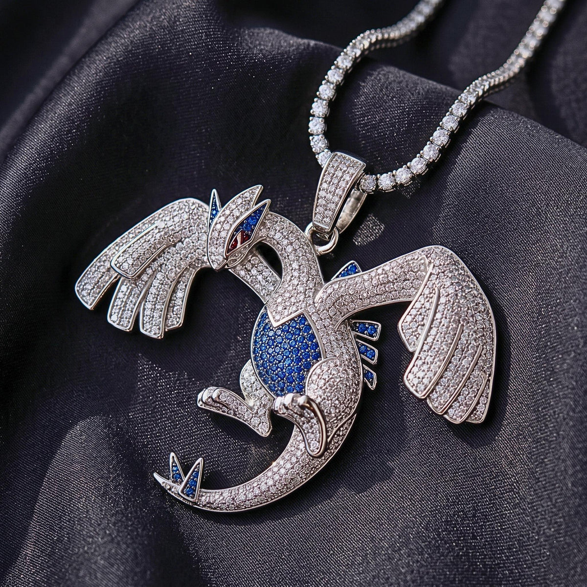 TRare Iced Out Lugia Pokemon Pendant | 925 Sterling Silver Anime Jewelry | Legendary Gamer Charm | Custom Pop Culture Bling Gift for her/him