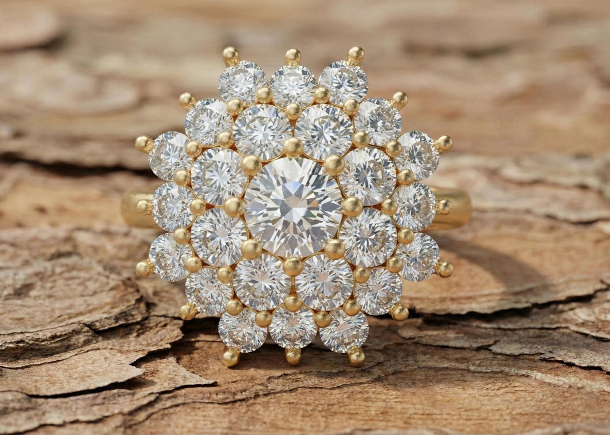 Sterling Silver Cluster Ring | Snowflake Halo Diamond Ring | Statement Engagement Ring | Bridal Jewelry Gift for Her