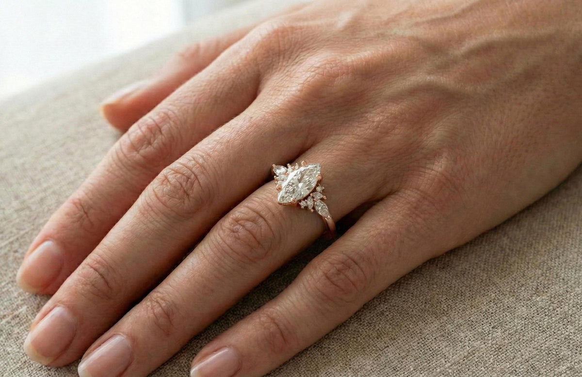 Marquise Moissanite Engagement Ring, Vintage Leaf Design, 925 Sterling Silver