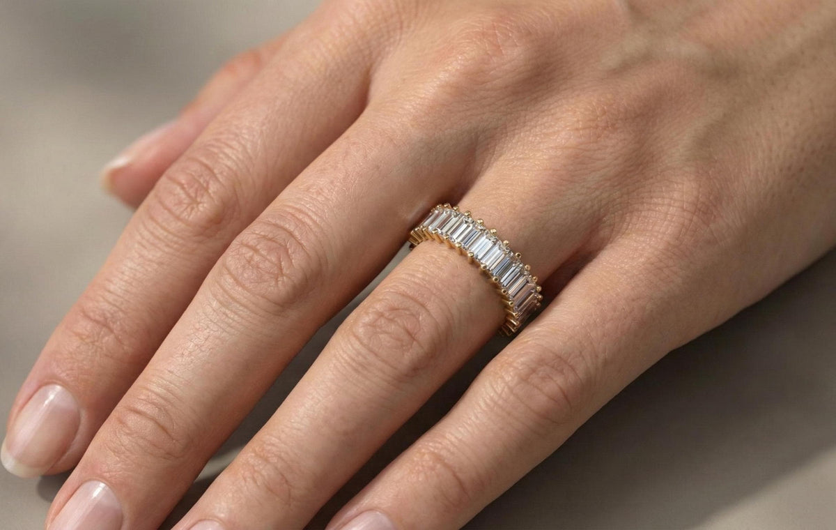 925 Sterling Silver Baguette Cut Eternity Ring, Minimalist Diamond Band, Gold Finish Wedding Ring, Anniversary Gift for Her, Women Jewellery