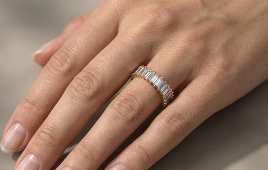 925 Sterling Silver Baguette Cut Eternity Ring, Minimalist Diamond Band, Gold Finish Wedding Ring, Anniversary Gift for Her, Women Jewellery
