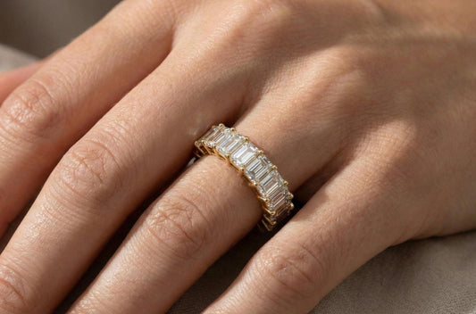 Sterling Silver Emerald Cut Moissanite Eternity Ring, Handmade Wedding Band