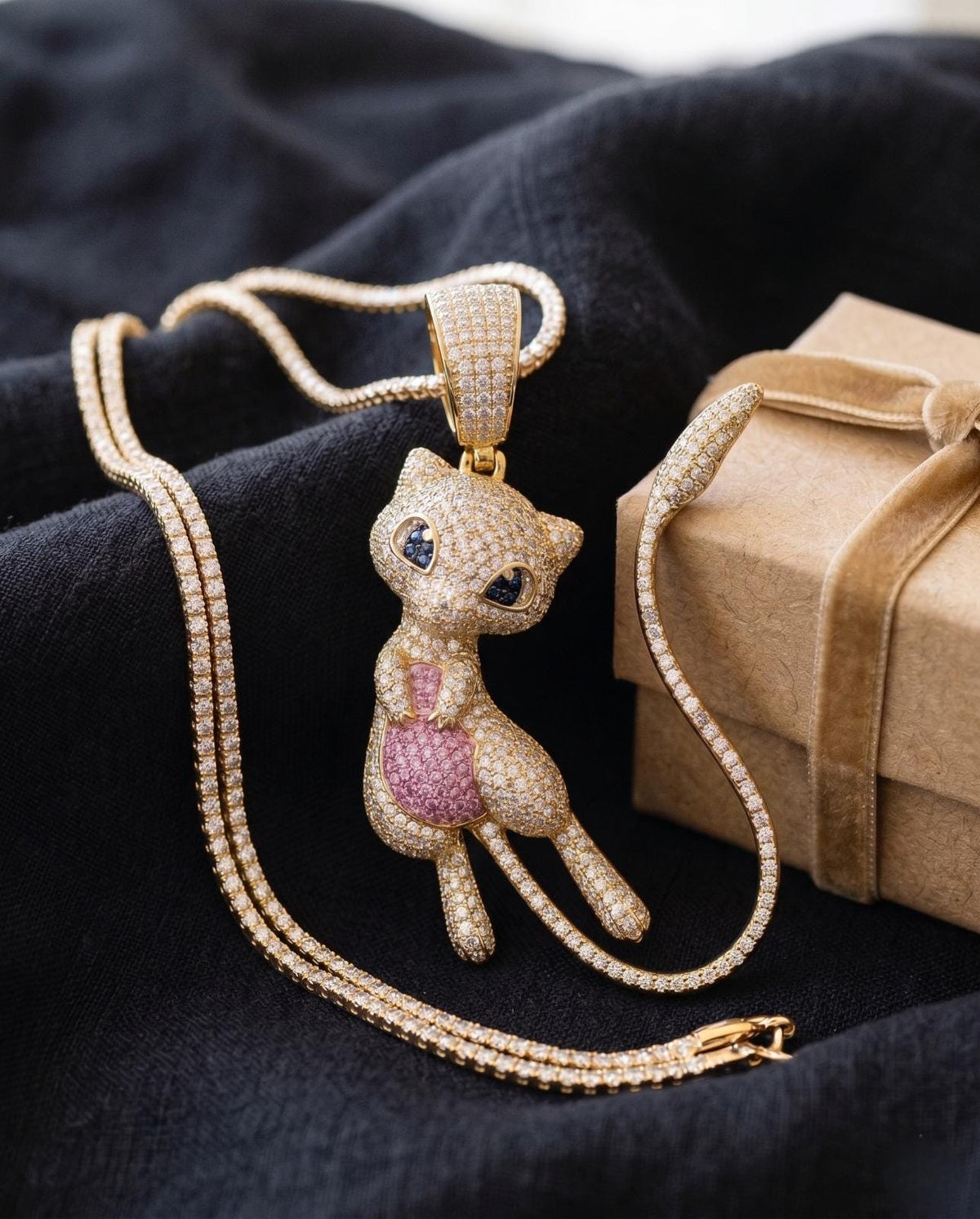 Iced Out Mew Pendant, 925 Sterling Silver Micro Pave Anime Necklace, Pink Blue Gemstones